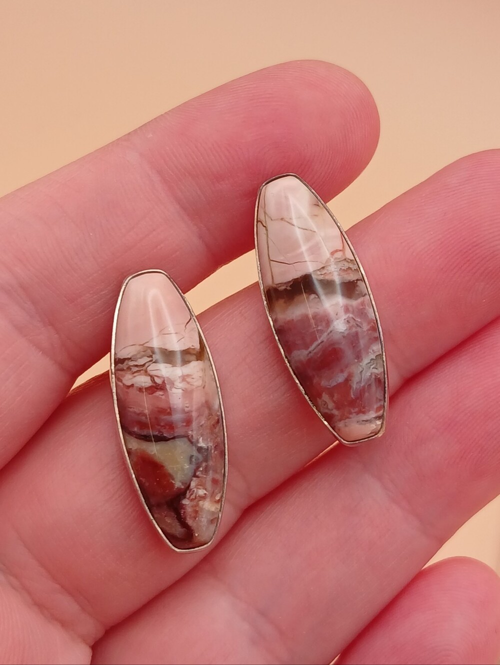 Oval Elongated Pink Stone Marked 925 Pierced Earrings